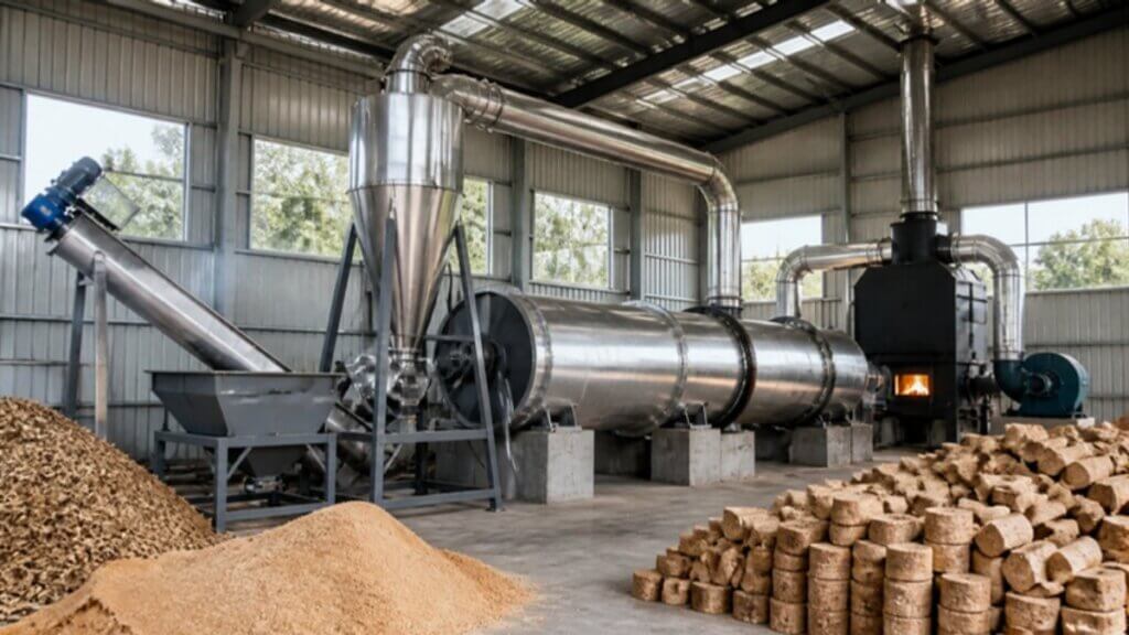 Industrial biomass dryer system with cyclone separator, drying pipeline and sawdust