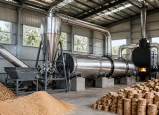 From Farm Waste to Fuel: The Role of a Biomass Dryer System Industrial biomass dryer system with cyclone separator, drying pipeline and sawdust